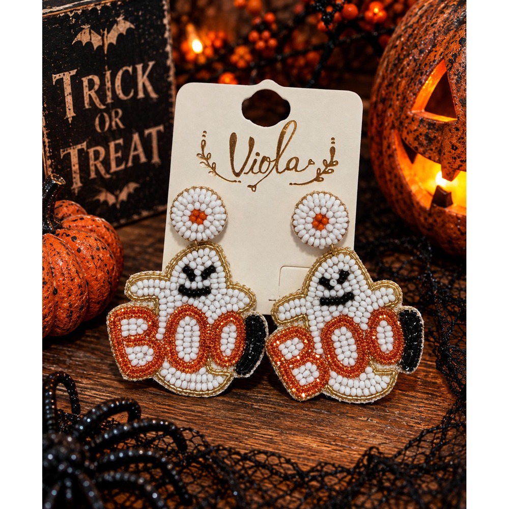BOO Ghost Seed Bead Earrings Halloween Orange White Statement Dangle
